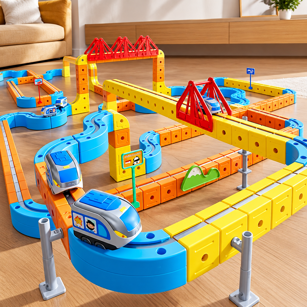 Child building a magnetic train track